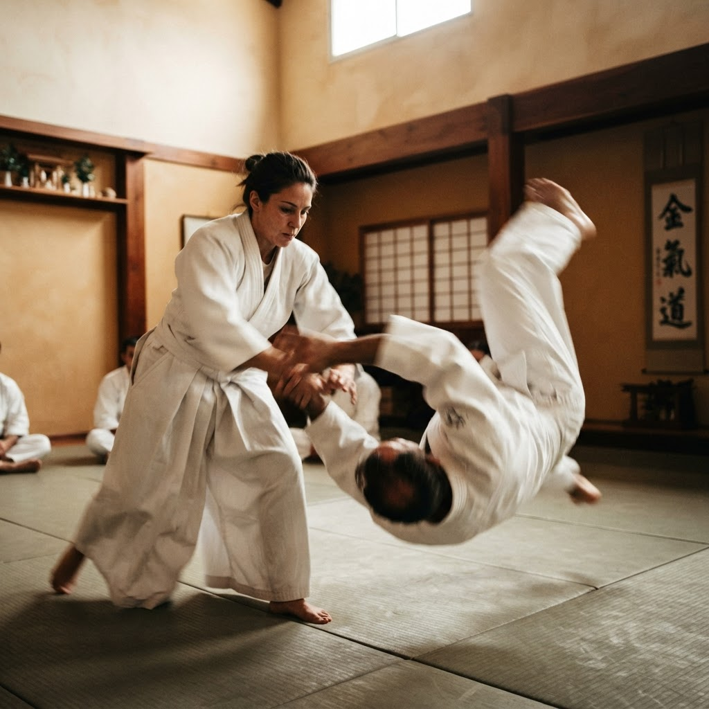 Dos practicantes de aikido ejecutando una técnica en el dojo